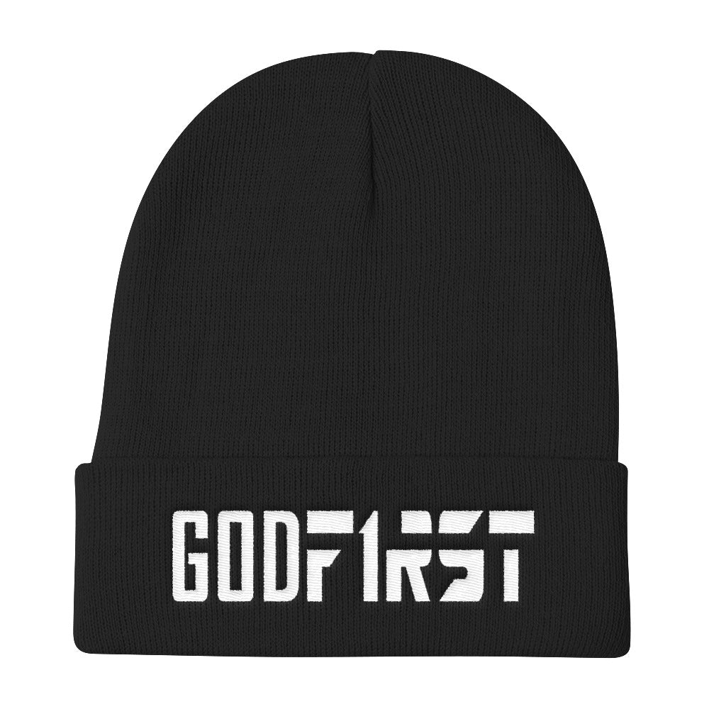 Christian Accessories Black wool beanie with white God First embroidered lettering