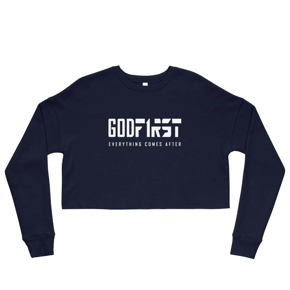 Christian Clothing Navy God First design White Lettering Cropped Sweatshirt